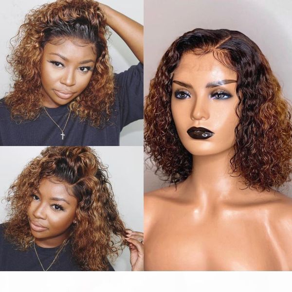 

ombre highlight colored 13x6x1 lace frontal wig pre plcuked brazilian remy short bob curly wig bleached knots, Black;brown