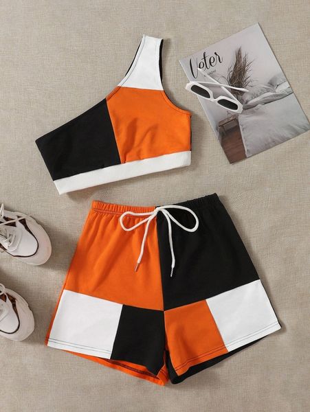 

one shoulder colorblock & track shorts set e4ks#, White