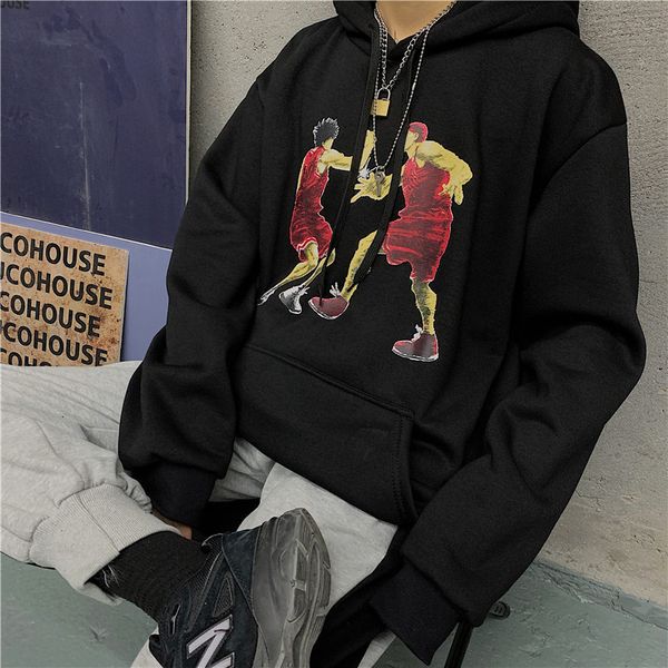 

2021 harajuku cartoon character print female autumn women loose hooded pullover plus veet thick man hoodie cotton 6d69, Black