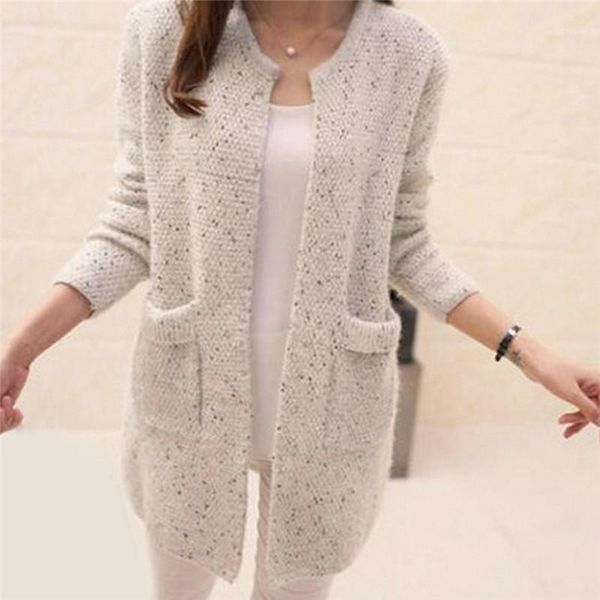 

autumn warm cardigan pocket fashion women's solid color knitted sweater coat new crochet ladies sweater coat cardigan1, White