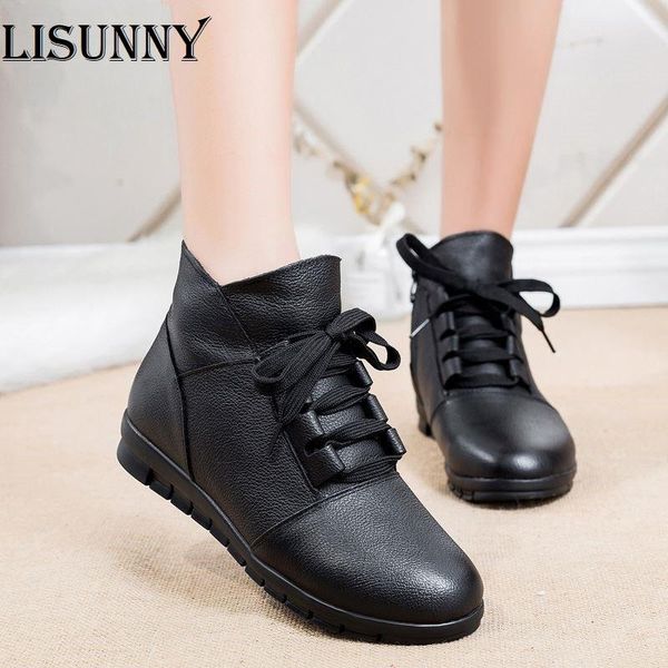 

boots woman shoes 2021 women's genuine leather female ladies lace up plush fur warm winter ankle size 35-41, Black