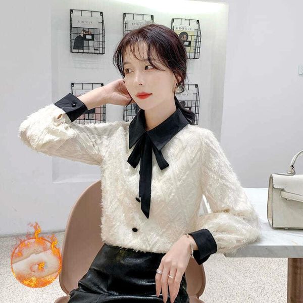 

2021 autumn winter new korean thicker warm soft lace button shirts lapel neck long sleeved bottoming lace blouses shirt y64, White