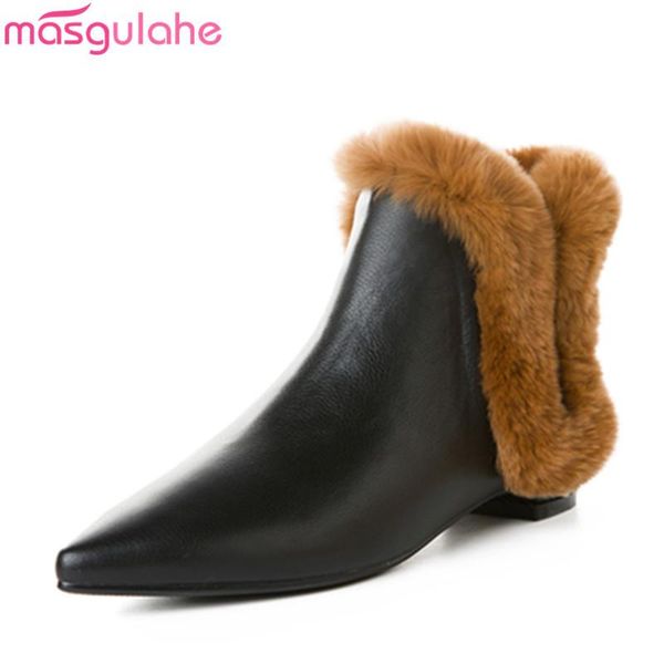 

boots masgulahe 2021 arrive genuine leather women comfortable flat heel pointed toe with fur leisure ankle, Black