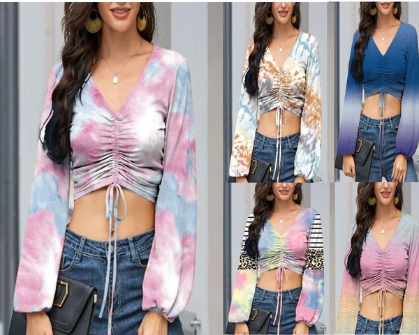 

2021 autumn and winter new gradient v-neck long-sleeved slim printed t-shirt women's clothing, White