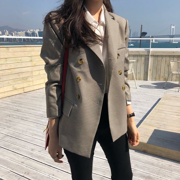 

bgteever classic plaid double breasted women jacket blazer notched collar female suits coat fashion houndstooth autumn lj200911, White;black