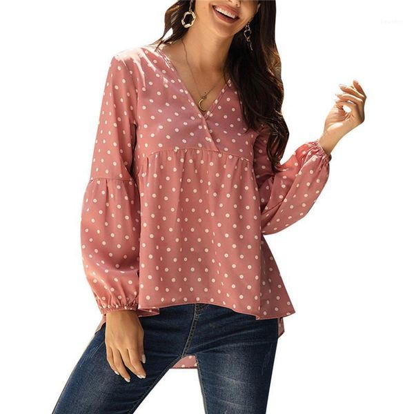 

women spring summer long sleeve dot print blouse v-neck casual lantern sleeve loose pullover, White