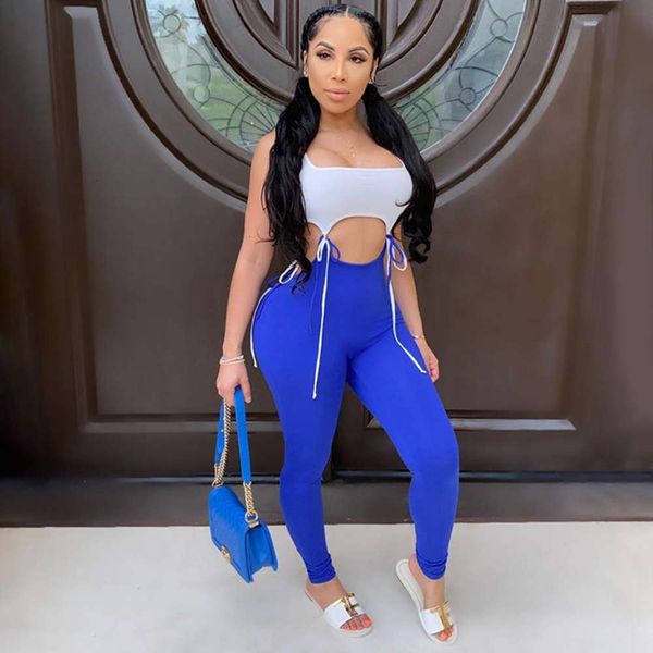 

new summer 2020 women's lace up contrast high waist hip jumpsuit, Black;white