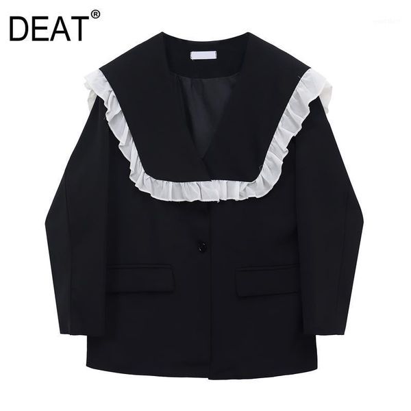

deat] 2020 spring autumn new fashion tide ruched v-neck single-breasted splicing long sleeve loose women blazer coat 13a4931, White;black