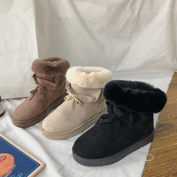 

boots women new 2020 shoes plush flat heel winter footwear australia luxury designer round toe fur low snow fashion1, Black