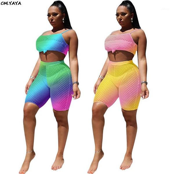 

2019 women summer gauze grid see though tie dye print tank knee length pants suit two piece set sporty tracksuit glqm37441, White