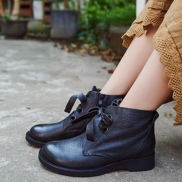 

boots cearymade- college style genuine leather ankle boots,british belt low heel simple side zipper hundred shoes, Black