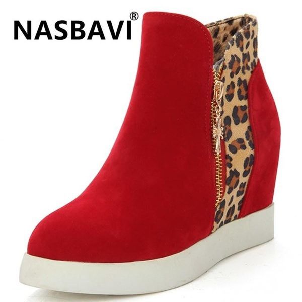 

boots 2021 leopard platform booties women autumn winter fashion round head wedges ankle shoes woman 34-43, Black