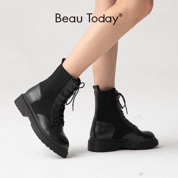 

boots beautoday ankle women cow leather knit fabric lace-up round toe platform lady autumn winter shoes handmade 034751, Black