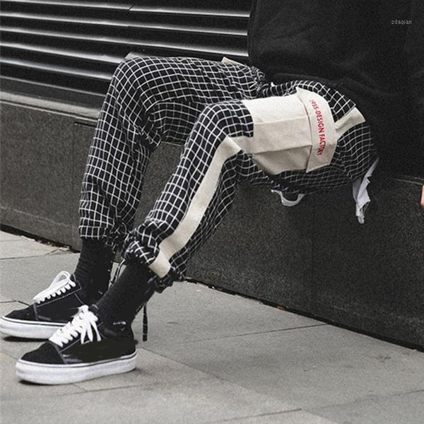 

men's pants 2021 pockets cargo men color patchwork men's personality japanese style plaid trousers large streetwear hip-hop trouse, Black