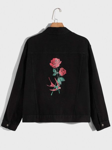 

men flap detail floral and bird print denim jacket i9v8#, Blue
