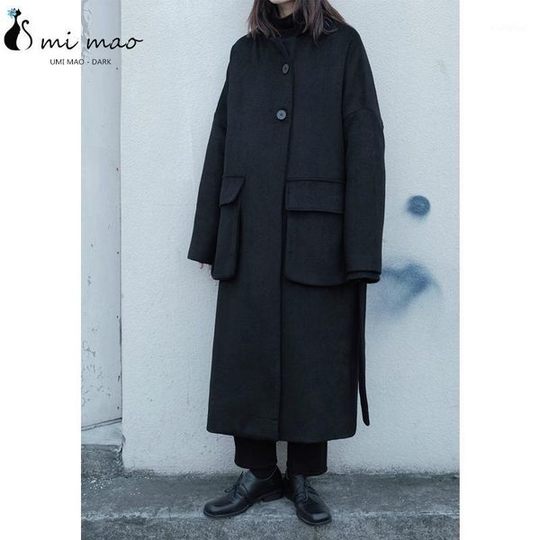 

umi mao yoji yamamoto dark niche design minimalist large pocket woolen mid-length coat jacket casual loose femme outwear1, Black