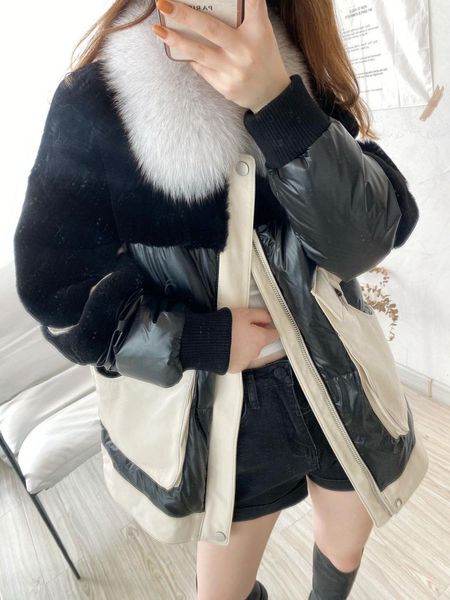 

2021 leather winter fox skin women's turtleneck cut color popular down jacket 0b0q, Black