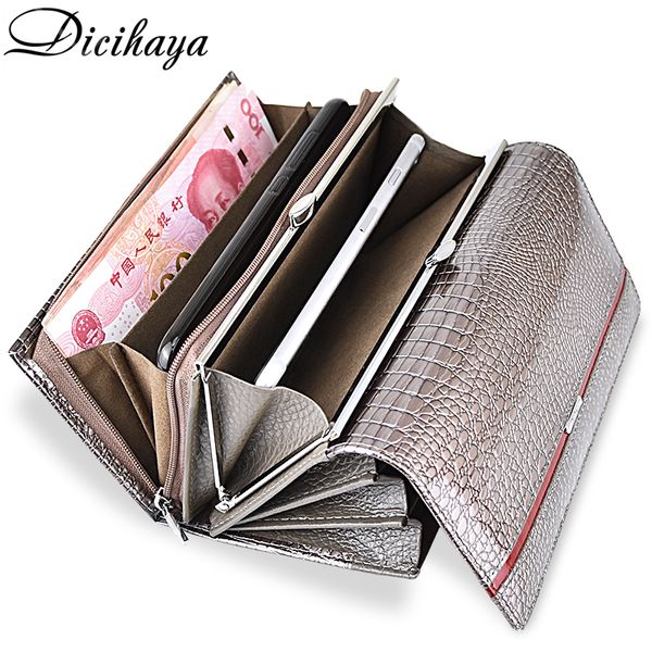 

dicihaya brand genuine leather women wallets crocodile print long hasp zipper wallet ladies clutch bag purse female luxury 2019 c1115, Red;black