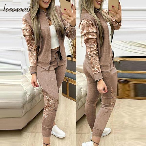 

autumn winter two piece outfits for women fashion sequins zipper coat drawstring pants set casual tracksuit sweat suits1, Gray