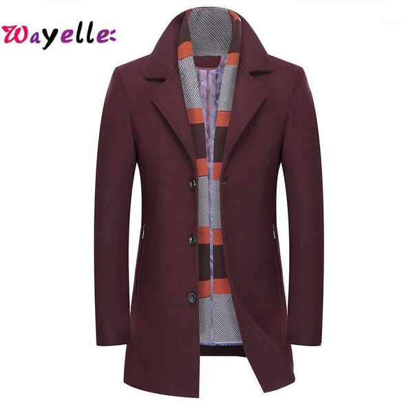 

2019 winter men smart casual fit long thicken slim overcoat jacket woolen detachable scarf trench coat male brand jackets1, Black