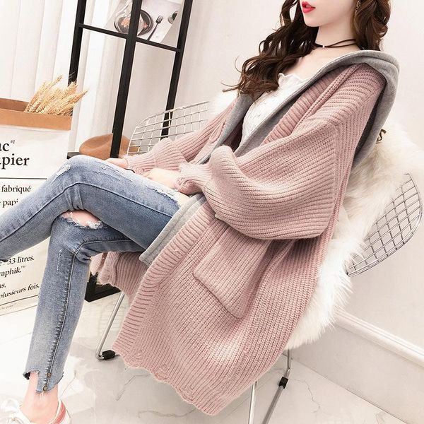

2020 autumn and winter new women's sweater coat women's mid-length solid color hooded knitted cardigan women1, White