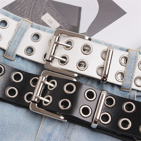 

punk belt new 2020 women black leather belts hollow out sivler buckle cool designer belt cinturon mujer white waistband t200427, Black;brown