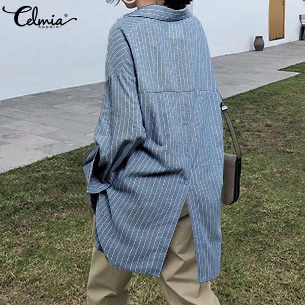 

women's blouses & shirts celmia 2021 fashion striped vintage long sleeve lapel casual work blusas femininas plus size split, White