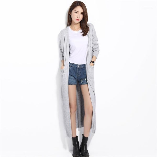 

wholesale-long cardigan solid cashmere v-neck open cardigan mujer women knitted sweater casual loose design candy color gray maxi cardigan1, White;black