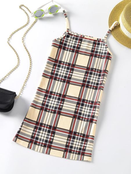 

girls plaid print cami dress she01, Red;yellow