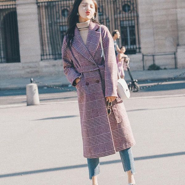 

women wool coat plaid women loose long woolen coats winter coat woolen overcoat 2019 wool jackets trench wj541, Black