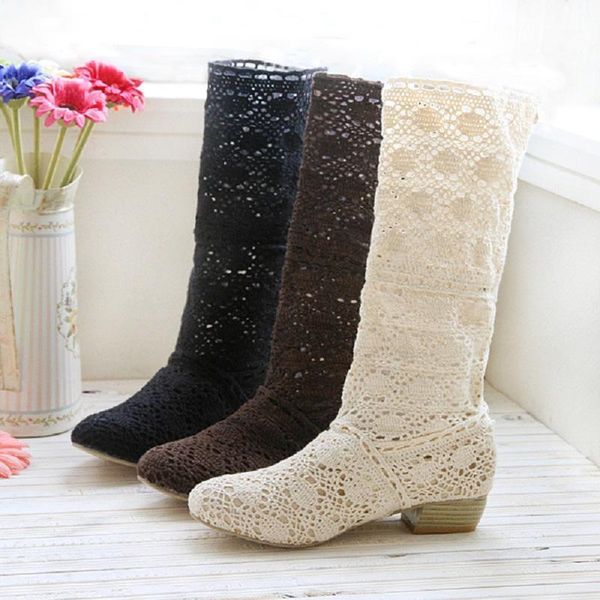 

lace women boots spring autumn embroidered hollow out ladies shoes low heels platform mid calf boots big size botas mujer1, Black