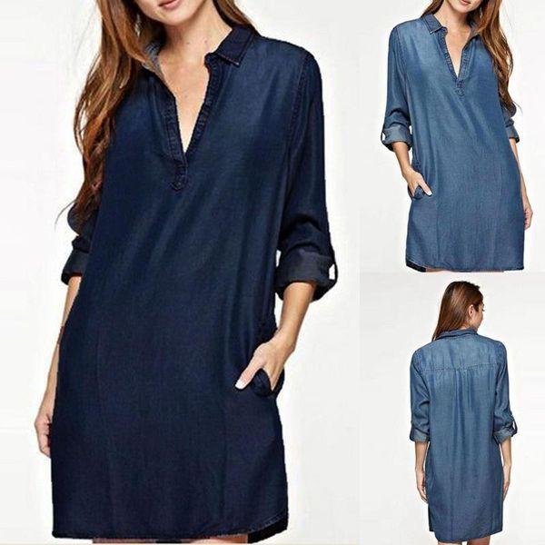 

women's denim shirt dress fashion autumn elegant solid long sleeve blue v-neck vintage washed jeans blouse lapel dress #40, Black;gray