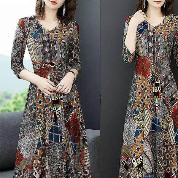 

h40 vintage elegant a line party dress women v neck three quarter sleeve long maxidress ladies floral print summer dress, Black