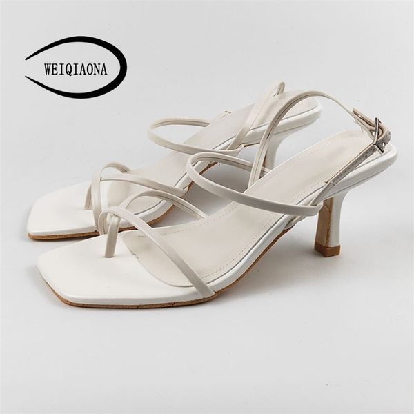 

weiqiaona genuine leather women's shoes thin heel square head thin strap sandals women's sandals y200405, Black