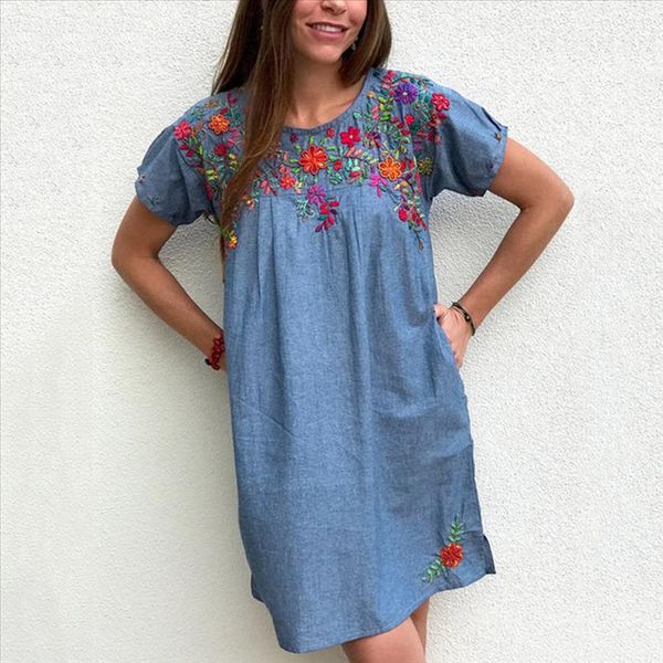 

the fashion summer dress women embroidered crew neck short sleeve denim dress vintage retro ladies beach party casual sundress, Black;gray