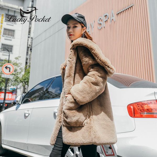 

women winter new loose plsh size mid-length khaki with cap thick fur coat ladies fashion keep warm solid color plush coat zy54, Black