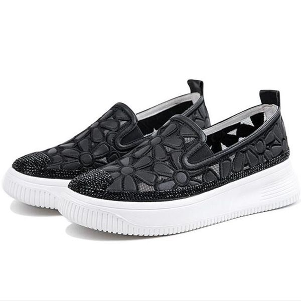 

2020 новый летний вышитый горный хрусталь полые натуральные кожаные сандалии женщины модные сандалии повседневные туфли женщины платформа, Black