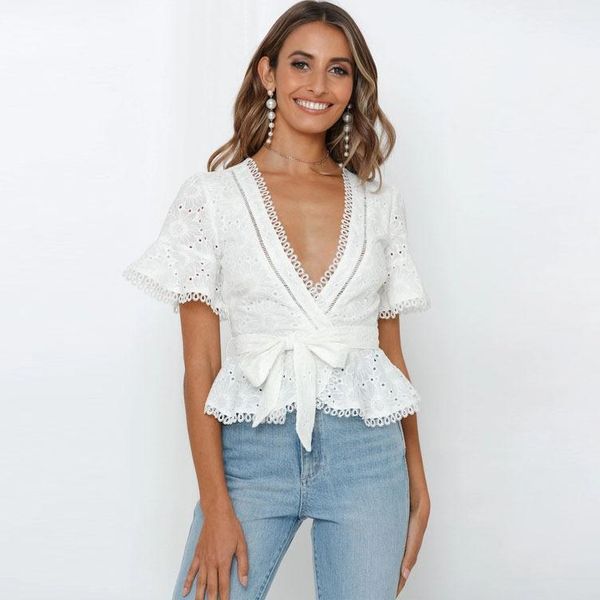 

2021spring summer new v neck lace cotton embroidery hollow lace bell sleeve white blouse woman ruffle bow silk top