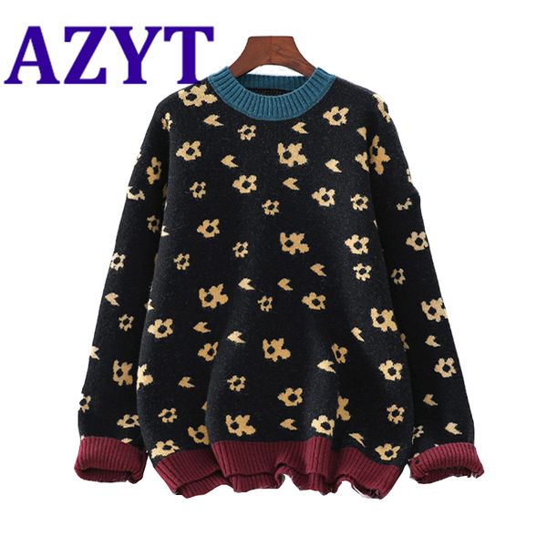 

azyt autumn winter o neck women pullovers sweater vintage style loose knitwear jumpers female chic print knitwear women 2021 h1211, White;black