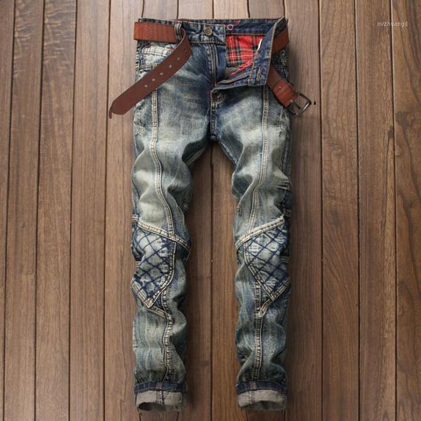 

european punk style men vintage bronzed jeans mens slim denim trousers jeans straight moto & biker hole pants for men1, Blue