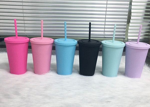 16oz fosco tumblers acrílicos com tampas coloridas canudos coloridos Curto gordura de plástico esportes garrafas de água dupla parede bebendo copos de leite A12