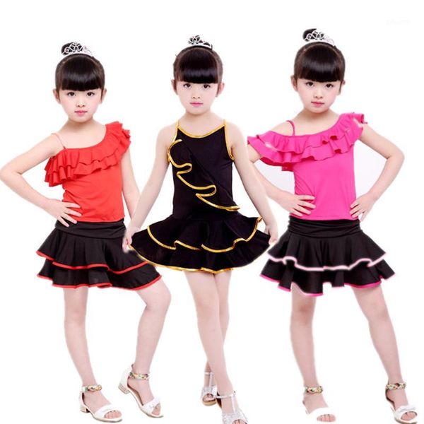 

children's latin dance shoulder off sling dress tutu stiching ballroom baby girl modern tango salsa stage dancing costume1, Black;red