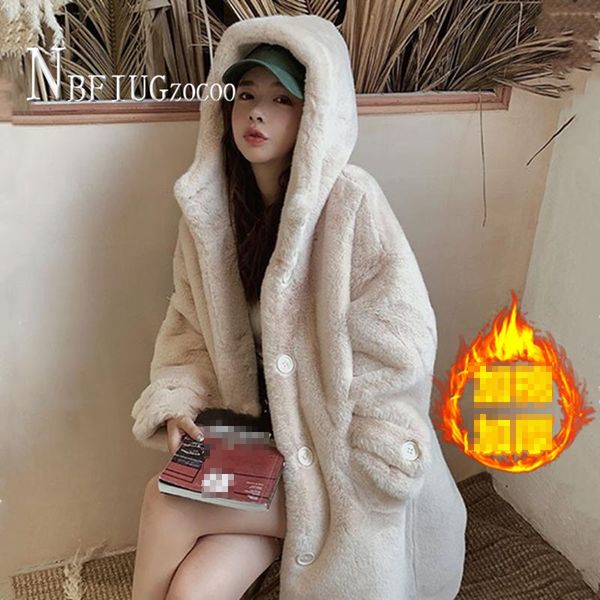

imitation mink fleece hooded long style women faux fur coat plus size thick female overcoat, Black