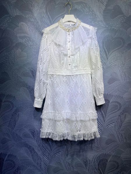

spring 2021 new stand collar beaded hollowout flower long sleeve dress, White;black