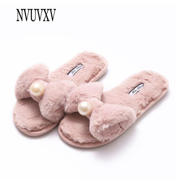 

winter woman cotton slip on faux fur warm non-slip home slippers bow pearl flats female house shoes sh023 y201026, Black