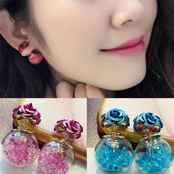 

stud womens double sides crystal rose flower glass ball ear earrings chic earring girls jewelry gift, Golden;silver