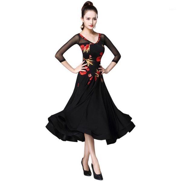 

flapper floral ballroom dance dress patterns 3/4 sleeve modern waltz tango smooth ballroom dance dress standard1, Black;red