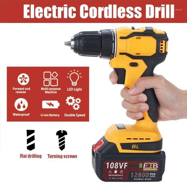 

108vf 12800mah battery cordless electric drill double speed adjustment led lighting 28nm torque 100-240v powerful drill1