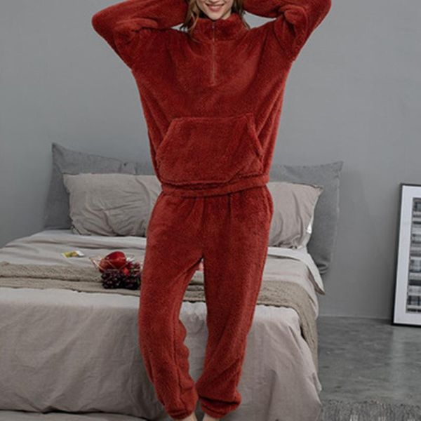 

autumn winter new thicken pajamas for couples plus velvet home men's clothing casual loose homewear female sleepwear 2 piece set, Black;brown