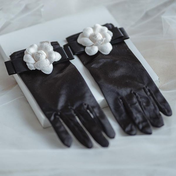 

flower black gloves gants de mariee bridal gloves women wedding accessorie for bride evening prom party dress satin gloves h qyliax, White